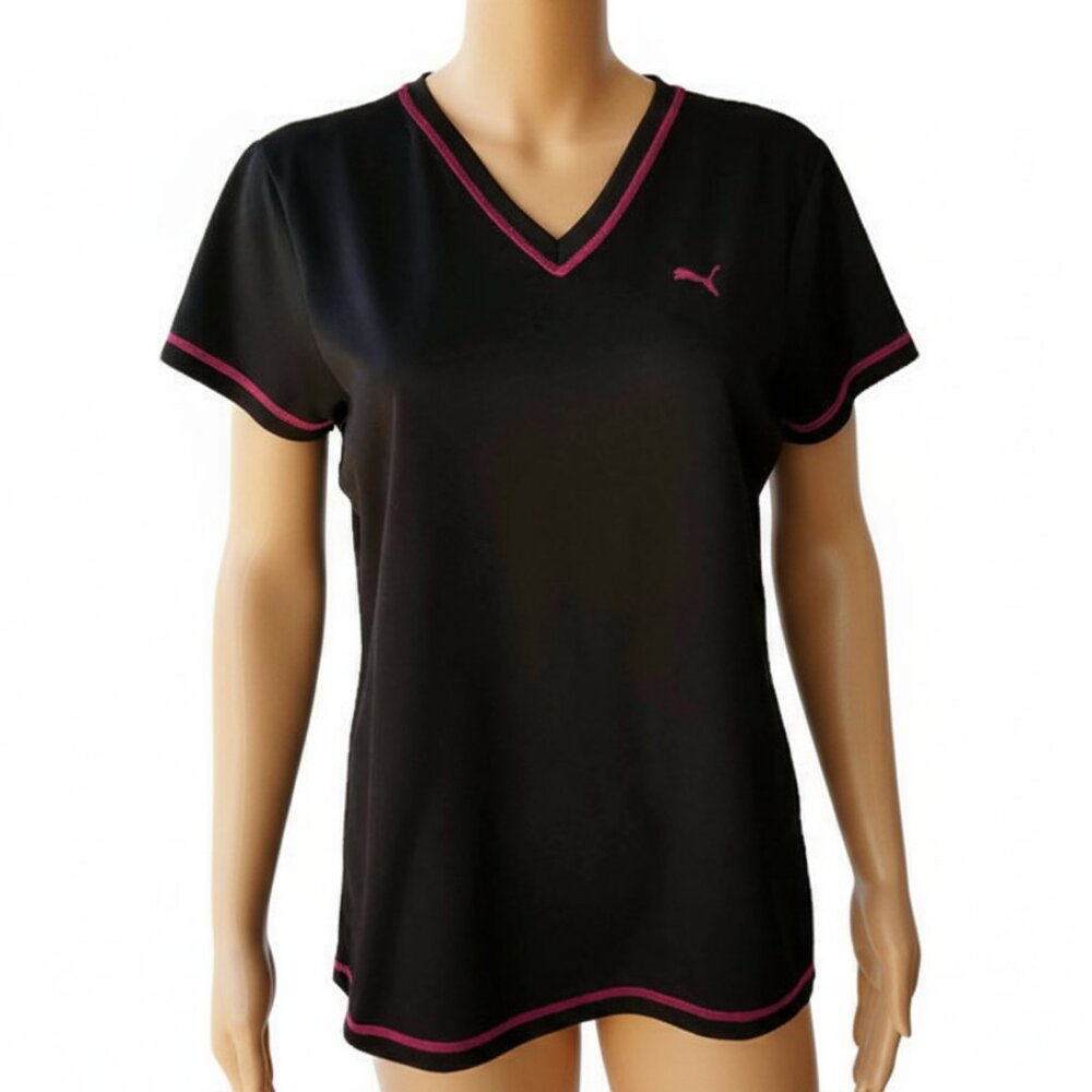 Puma Sport Dry Cell Tee Top Black Pink Contrast Trim Short Sleeve Womens Large